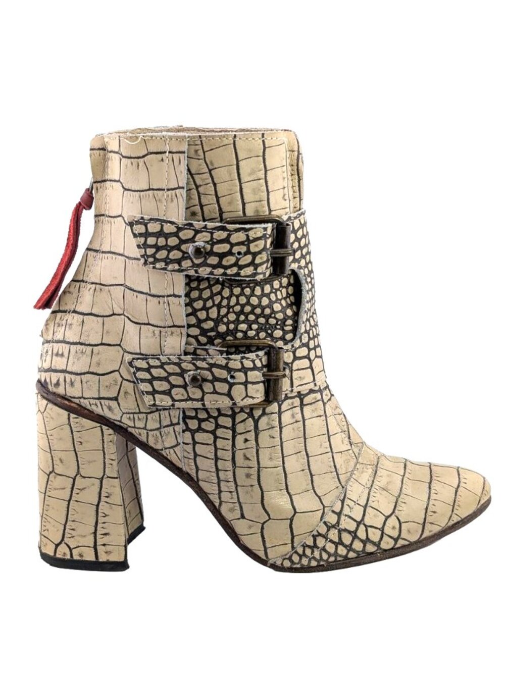Freebird by Steven Joey Pointy Buckled Ankle Boots White Snakeskin US Size 9